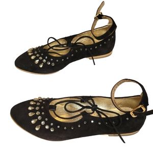 Monna Lisa Black Suede Ballerina Lace Up Camoscio Nero Size 34(US 3.5)